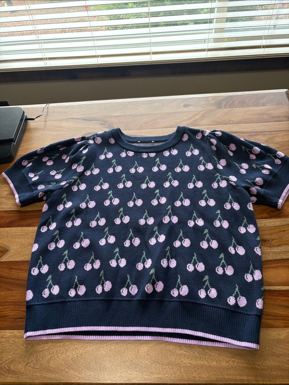 Navy Cherry Jacquard Short-Sleeve Crewneck Sweater - Pink Cherry Motif